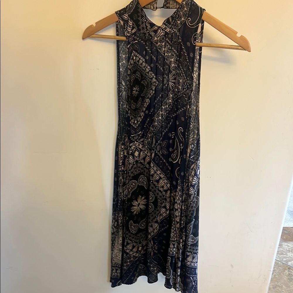 Free People Navy and Cream Paisley Midi Dress High Neck, Low Back